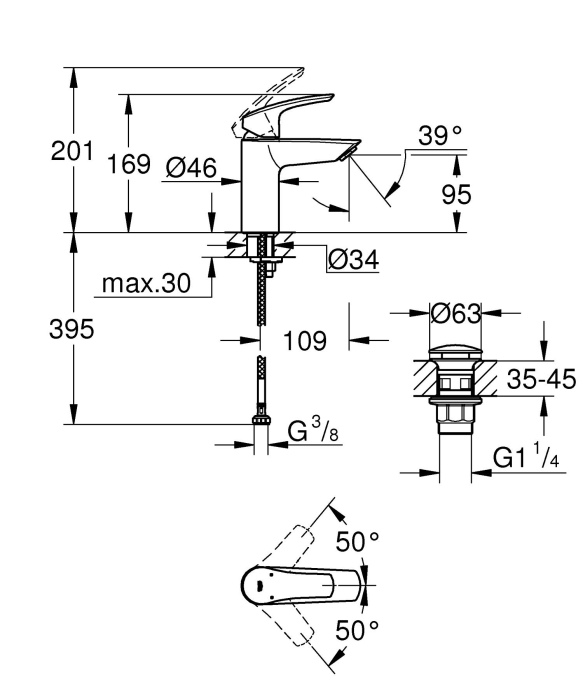 Baterie lavoar Grohe 23922003, 28 mm, 5 l/min, 0.8 bar, 35 mm, 169 mm, 109 mm, 395 mm, 1 orificii instalare, Crom [6]