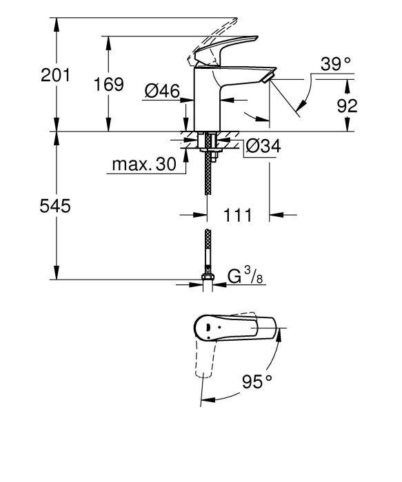 Baterie lavoar Grohe 23974003, 28 mm, 5 l/min, 0.8 bar, 35 mm, 169 mm, 109 mm, 395 mm, 1 orificii instalare, Crom [13]