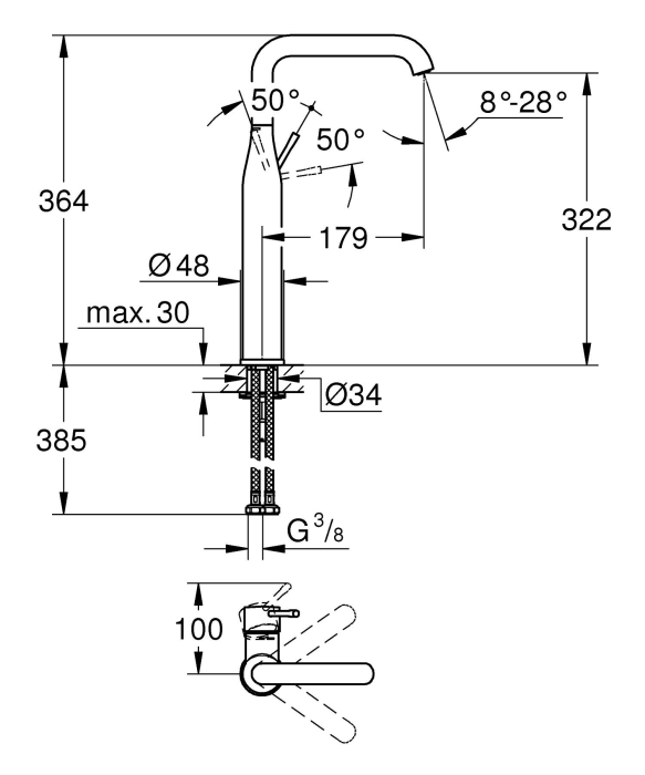 Baterie lavoar Grohe 24170DL1, Essence, 3/8'', XL, 364 mm, mat, cupru [2]