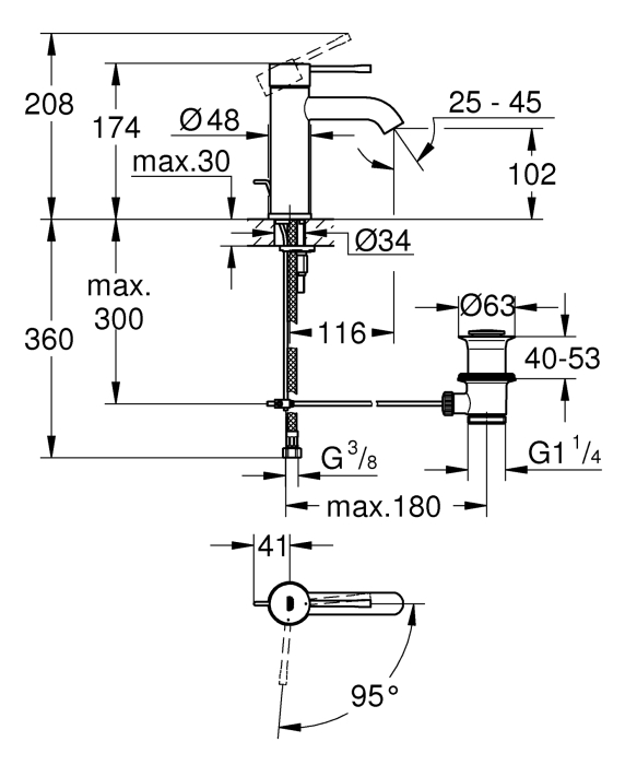 Baterie lavoar Grohe 24180001, 28 mm, 5.7 l/min, 0.3 bar, 35 mm, 174 mm, 94 mm, 360 mm, 1 orificii instalare, Crom [4]