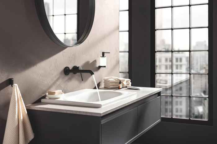 Baterie lavoar Grohe 29193KF1, Essence, pe perete, 230 mm, necesita valva, mat, negru [4]