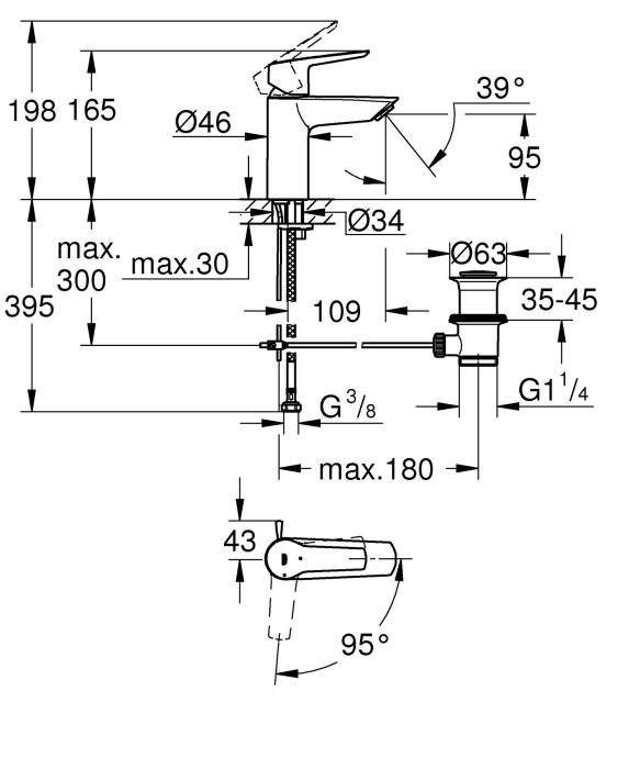 Baterie lavoar Grohe 311372432, 28 mm, 5.7 l/min, 0.6 bar, 35 mm, 165 mm, 109 mm, 395 mm, 1 orificii instalare, Negru [6]