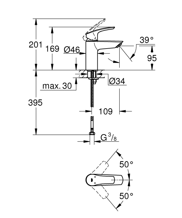 Baterie lavoar Grohe 32467003, 28 mm, 5 l/min, 0.8 bar, 35 mm, 169 mm, 109 mm, 395 mm, 1 orificii instalare, Crom [7]