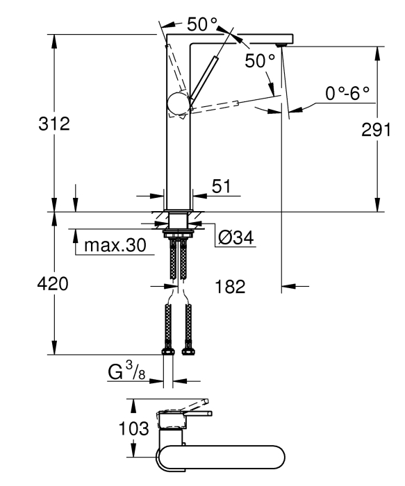 Baterie lavoar Grohe 32618AL3, Plus, 3/8'', XL, 312 mm, mat, grafit [5]