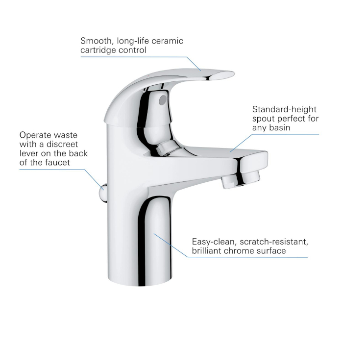 Baterie lavoar Grohe 32805000, BauCurve, tip comanda monocomanda, tip instalare pe lavoar, marime s, crom [2]