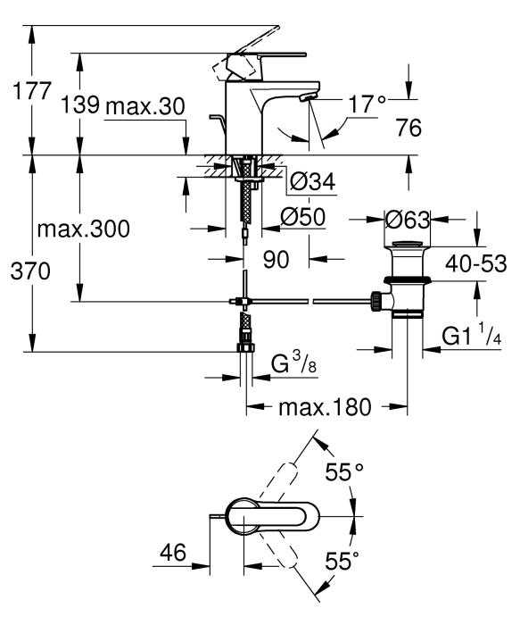 Baterie lavoar Grohe 32883000, 35 mm, 5.7 l/min, 1 bar, 139 mm, 90 mm, 370 mm, 1 orificii instalare, Crom [4]