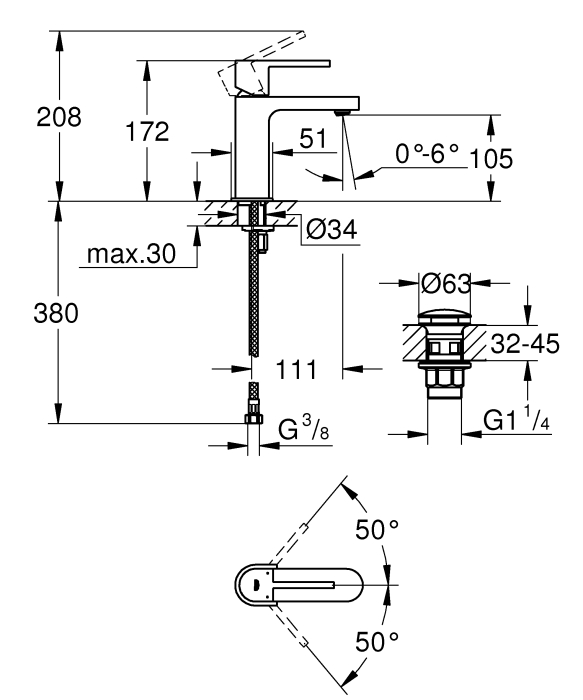 Baterie lavoar Grohe 33163003, 28 mm, 5.7 l/min, 1 bar, 35 mm, 172 mm, 111 mm, 1.52 kg, 420 mm, Crom [4]