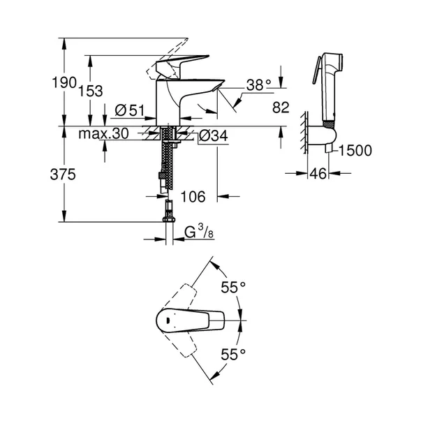 Baterie lavoar Grohe BauEdge New S cu dus igienic crom [2]