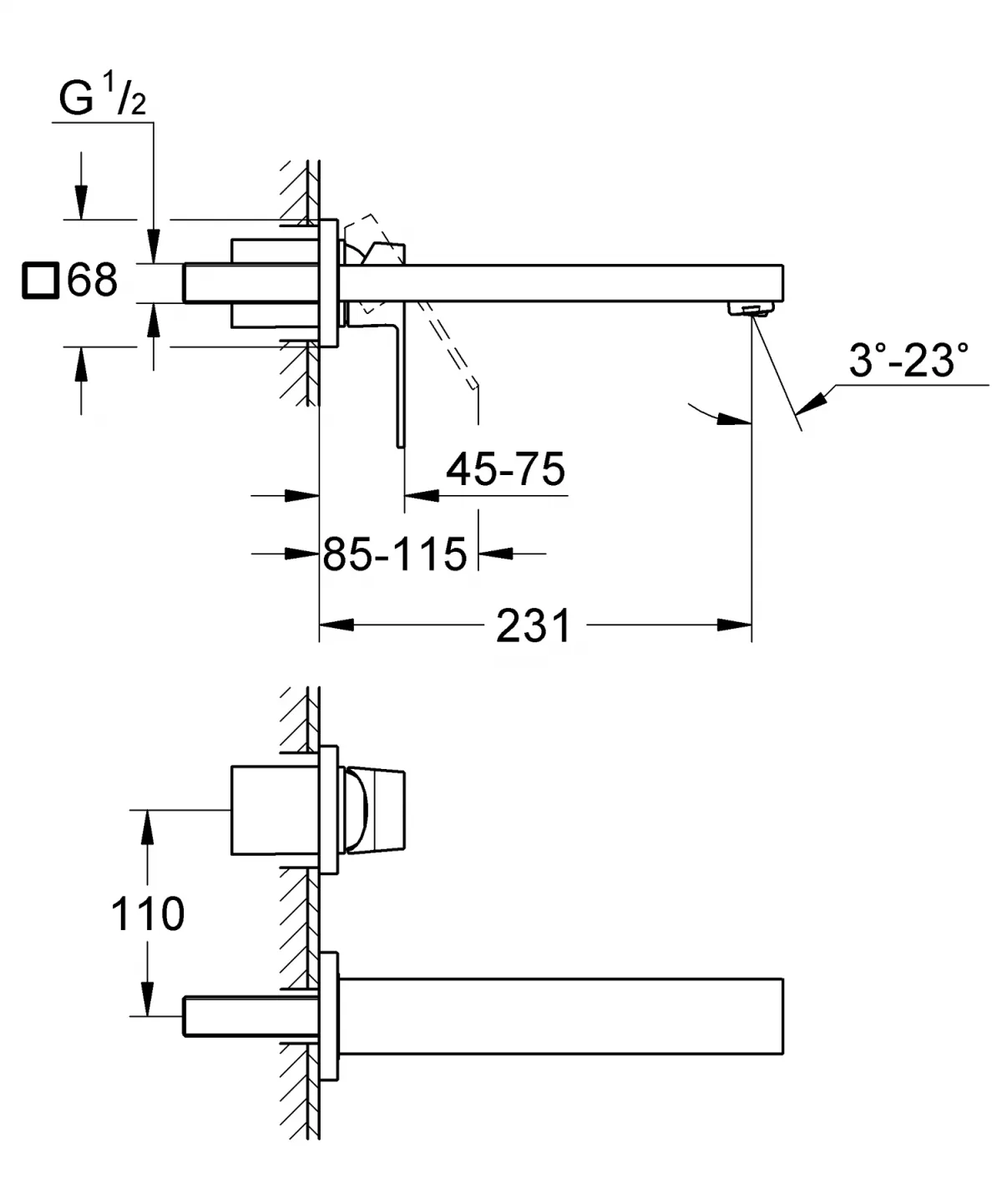 Baterie lavoar Grohe Eurocube, 1/2'', L, 230 mm, pe perete, monocomanda, mat, grafit, 23447AL0 [4]