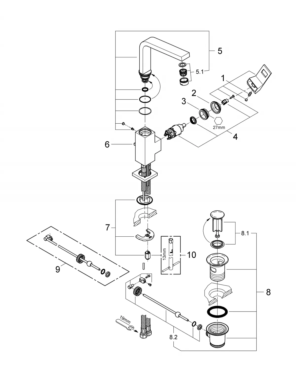 Baterie lavoar Grohe Eurocube 2313500E, 3/8'', L, 248 mm, ECO, ventil, crom [5]