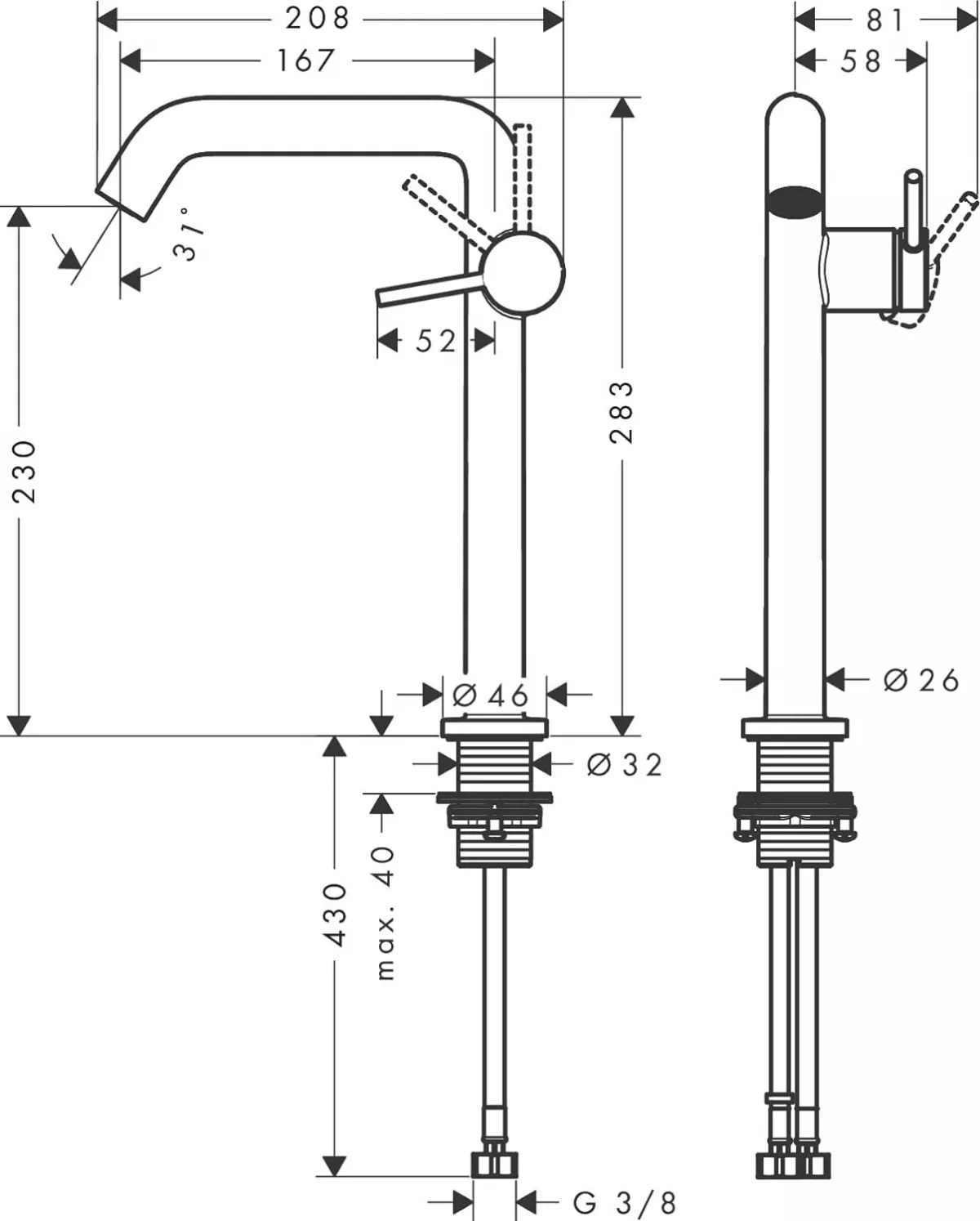 Baterie lavoar Hansgrohe Tecturis S, XL, 283 mm, pornire rece, crom, 73372000 [5]