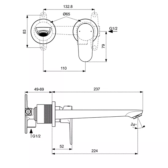 Baterie lavoar Ideal Standard Cerafine BD133XG, 1/2'', montare pe perete, marimea L, monocomanda, cartus ceramic, necesita set fixare, mat, negru [2]
