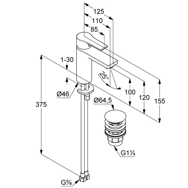 Baterie lavoar Kludi Zenta SL, M, 155 mm, ventil, mat, negru, 482983965 [2]