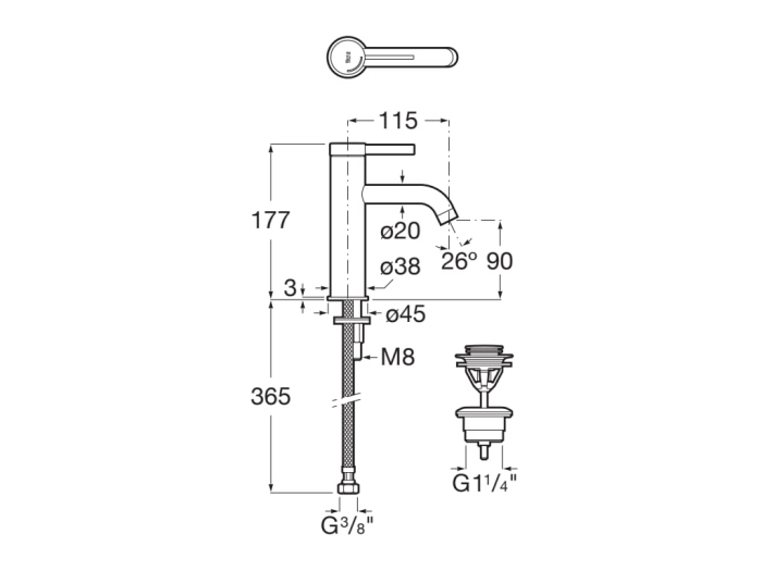 Baterie lavoar Roca A5A3A9ERG0, 28 mm, 5 l/min, 0.5 bar, 35 mm, 177 mm, 115 mm, 365 mm, 1 orificii instalare, Cupru [2]