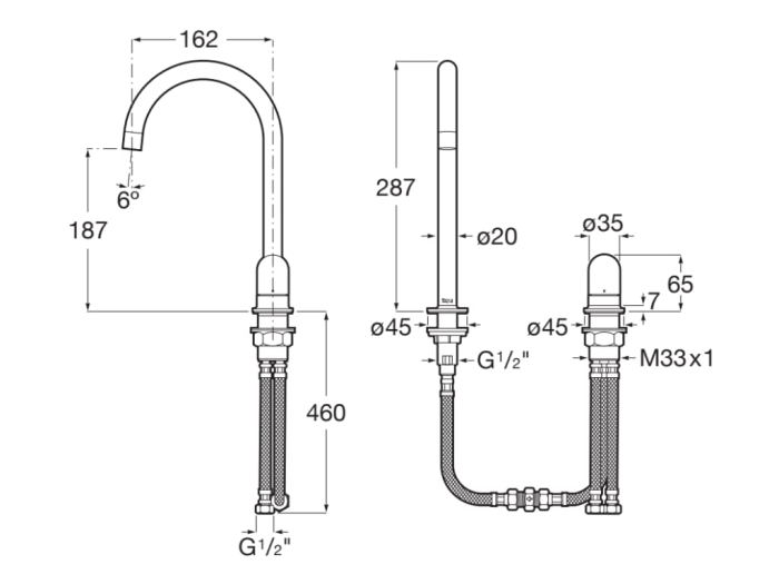 Baterie lavoar Roca A5A3W3FC00, 28 mm, 5 l/min, 0.5 bar, 35 mm, 287 mm, 162 mm, 460 mm, 2 orificii instalare, Crom [2]