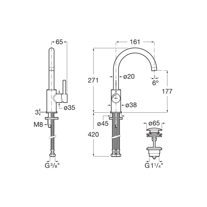 Baterie lavoar Roca A5A4A9EC00, 28 mm, 5 l/min, 0.5 bar, 35 mm, 271 mm, 161 mm, 420 mm, 1 orificii instalare, Crom [2]