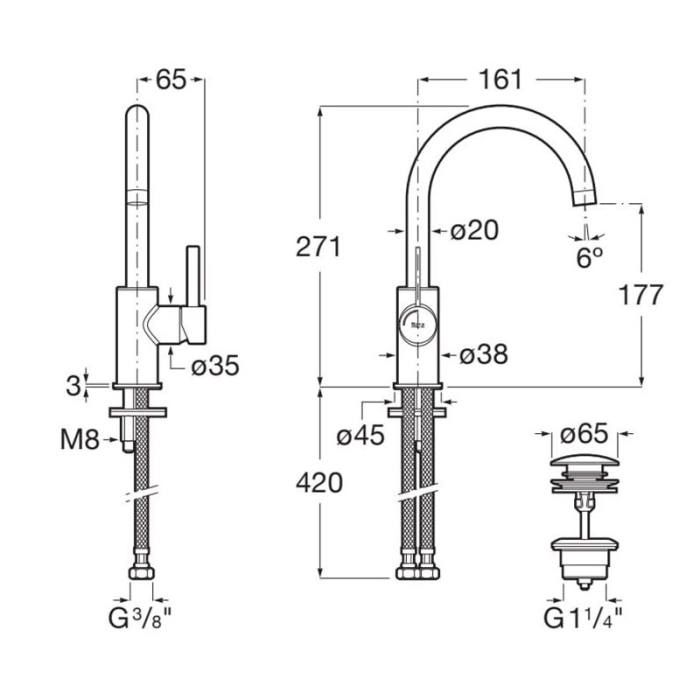 Baterie lavoar Roca A5A4A9ENB0, 28 mm, 5 l/min, 0.5 bar, 35 mm, 271 mm, 161 mm, 420 mm, 1 orificii instalare, Negru [2]