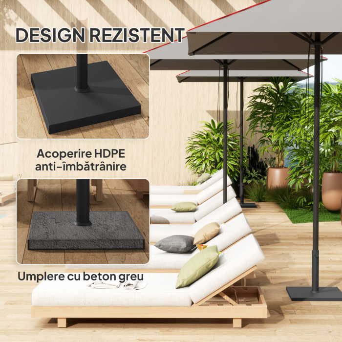 Baza Patrata  pentru Umbrela de 14.5 kg cu Manivela, din HDPE si Beton, 44x44x30 cm, Negru [5]