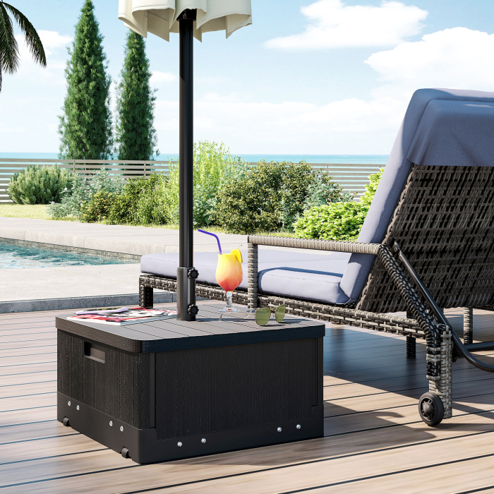  Baza pentru Umbrela 3-in-1 Exterior, Masuta de Cafea, Jardiniera cu Orificiu de Scurgere, Capacitate 80 kg, Suport Umplut cu Roti si Manere pentru Terasa si Piscina, Negru [2]