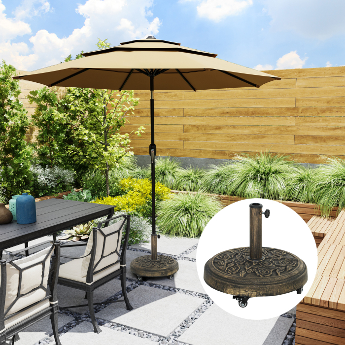  Baza Rotunda pentru Umbrela, 21 kg, Suport din Rasina cu Roti si Stalp pentru Umbrele de 32mm/38mm/48mm, pentru Gradina, Terasa, Piscina, Bronz [2]