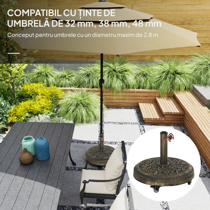  Baza Rotunda pentru Umbrela, 21 kg, Suport din Rasina cu Roti si Stalp pentru Umbrele de 32mm/38mm/48mm, pentru Gradina, Terasa, Piscina, Bronz [4]