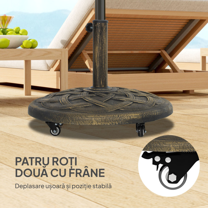 Baza Rotunda pentru Umbrela cu Roti, Baza Ponderata de 20 kg din Rasina, Suport pentru Umbrele de 3,3 cm/3,8 cm/4,8 cm pentru Exterior, Gradina, Piscina, Bronz [6]