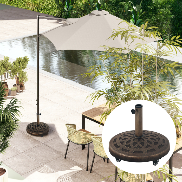  Baza Rotunda pentru Umbrela de Gradina cu Roti, Baza pentru Umbrela din Rasina de 21 kg, Suport Robust pentru Stalpi de 32mm/38mm/48mm pentru Exterior, Margine Piscina, Bronz [9]