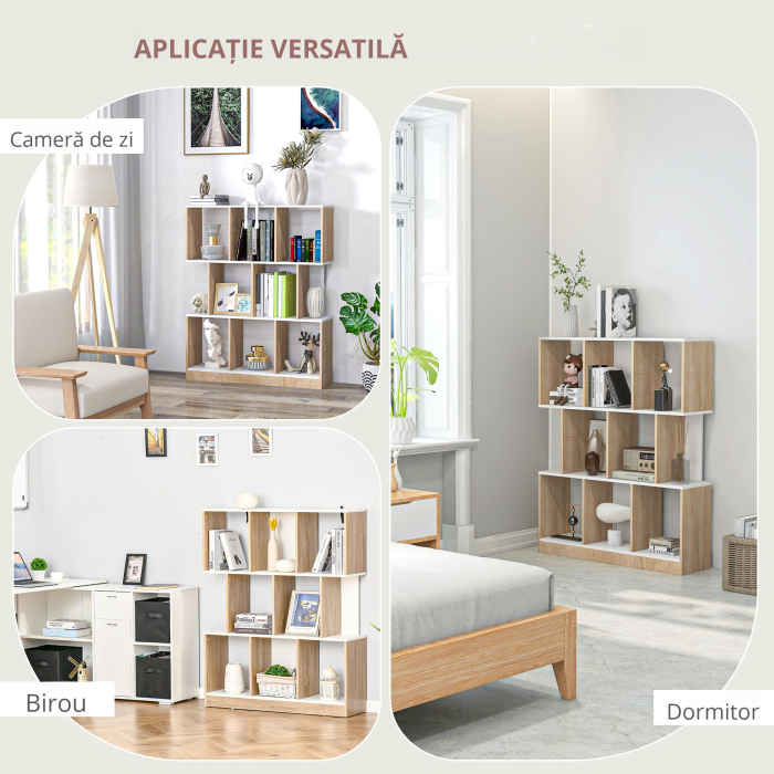  Biblioteca 100×27×124 cm - Lemn Stejar & Alb cu 8 Rafturi [6]
