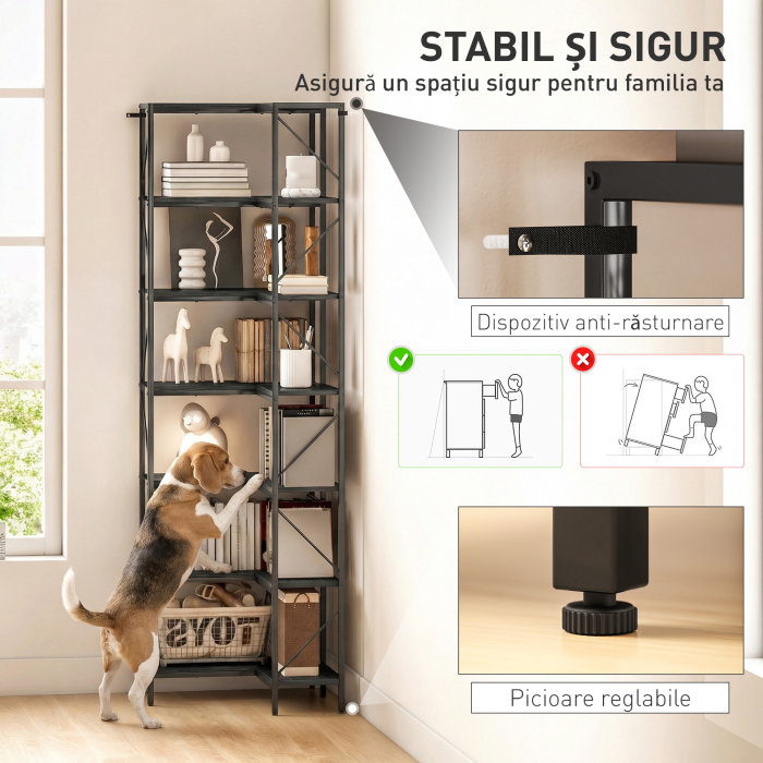  Biblioteca Coltar cu 7 Rafturi, Stil Industrial, Efect Lemn Negru [6]