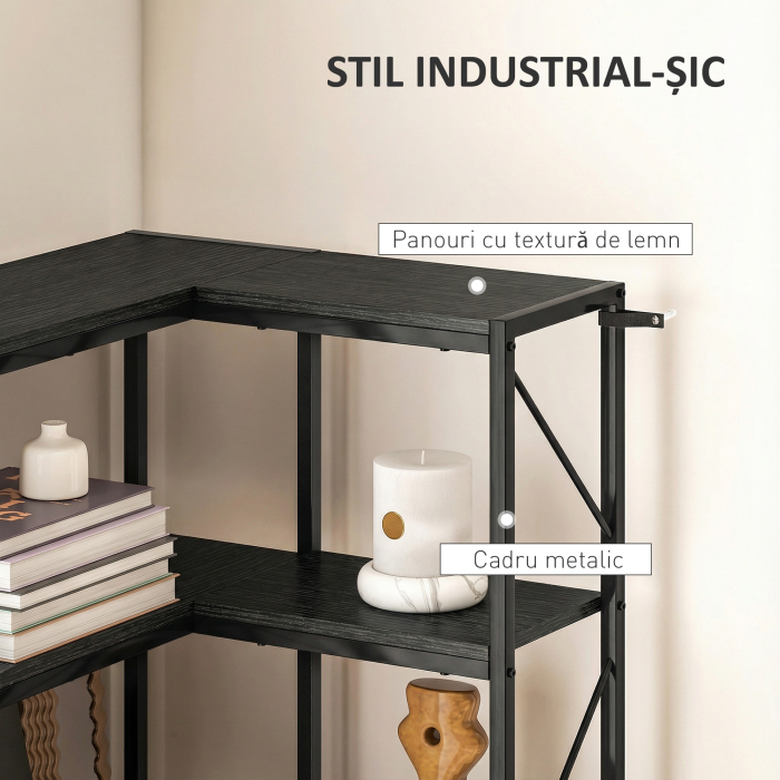  Biblioteca Coltar cu 7 Rafturi, Stil Industrial, Efect Lemn Negru [5]