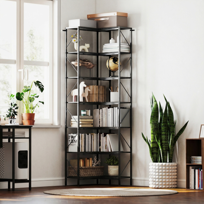  Biblioteca Coltar cu 7 Rafturi, Stil Industrial, Efect Lemn Negru [8]