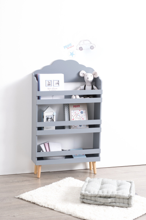 Biblioteca copii Atmosphera Nuage din MDF cu 3 rafturi si picioare din lemn, 58x100 cm, gri [4]