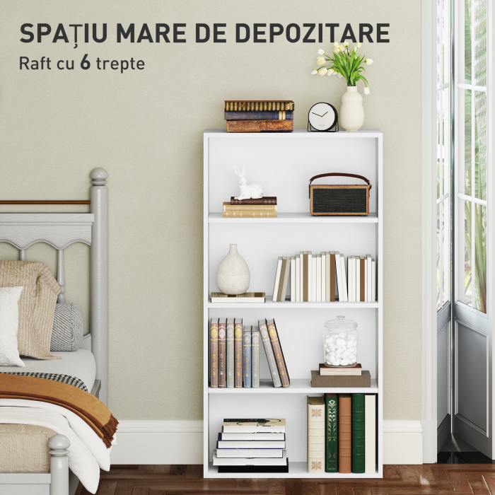  Biblioteca cu 4 Rafturi si 2 Rafturi Flexibile, din Lemn, 60x24x115.5 cm, Alb [4]