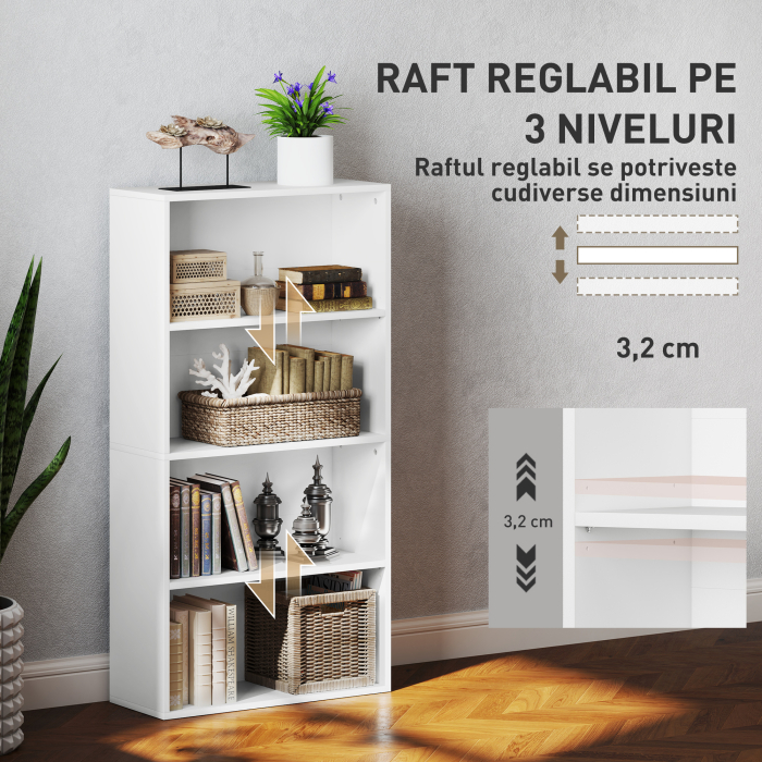  Biblioteca cu 4 Rafturi si 2 Rafturi Flexibile, din Lemn, 60x24x115.5 cm, Alb [5]