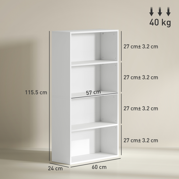  Biblioteca cu 4 Rafturi si 2 Rafturi Flexibile, din Lemn, 60x24x115.5 cm, Alb [3]