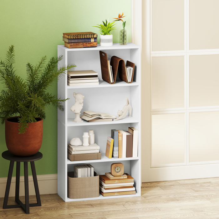  Biblioteca cu 4 Rafturi si 2 Rafturi Flexibile, din Lemn, 60x24x115.5 cm, Alb [7]