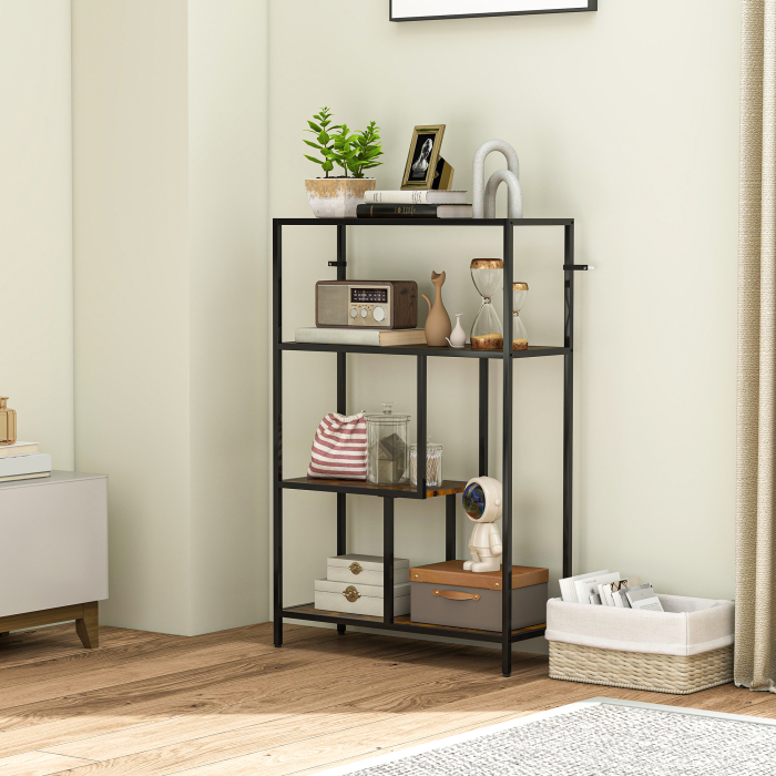  Biblioteca cu 4 Rafturi Stil Industrial din Lemn si Metal, 77x30x116 cm, Maro Rustic [7]