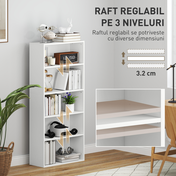  Biblioteca cu 5 Niveluri si Rafturi Ajustabile, 60x24x133,5 cm, Alb [5]