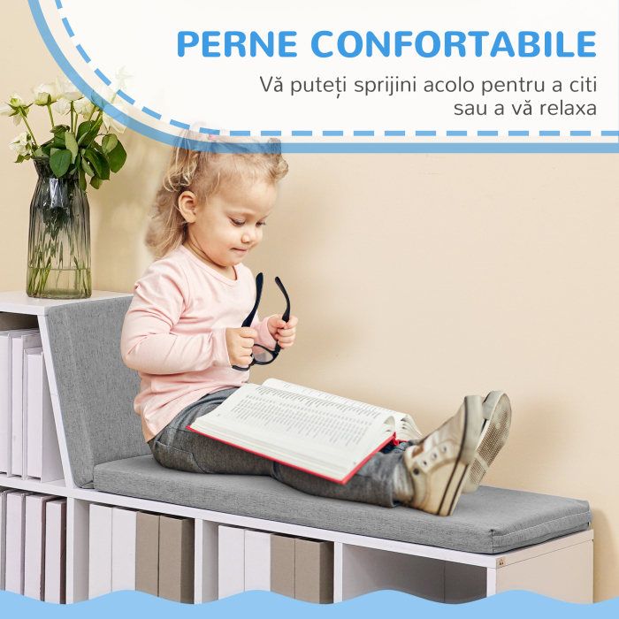  Biblioteca cu 5 Rafturi Deschise si 2 Perne, Mobilier Modern din Lemn, pentru Living, Dormitor si Birou, Gri Alb [6]