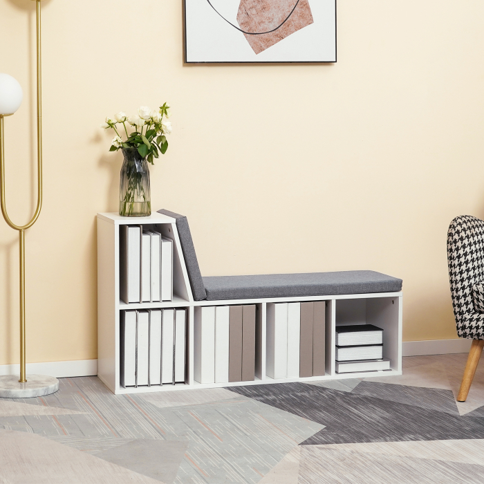  Biblioteca cu 5 Rafturi Deschise si 2 Perne, Mobilier Modern din Lemn, pentru Living, Dormitor si Birou, Gri Alb [2]