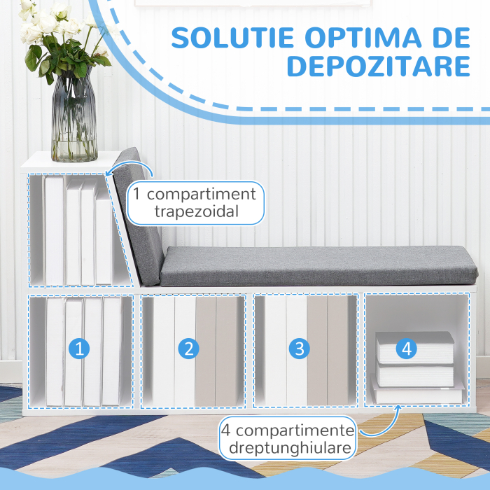  Biblioteca cu 5 Rafturi Deschise si 2 Perne, Mobilier Modern din Lemn, pentru Living, Dormitor si Birou, Gri Alb [5]