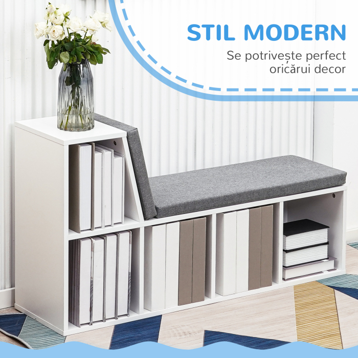  Biblioteca cu 5 Rafturi Deschise si 2 Perne, Mobilier Modern din Lemn, pentru Living, Dormitor si Birou, Gri Alb [4]