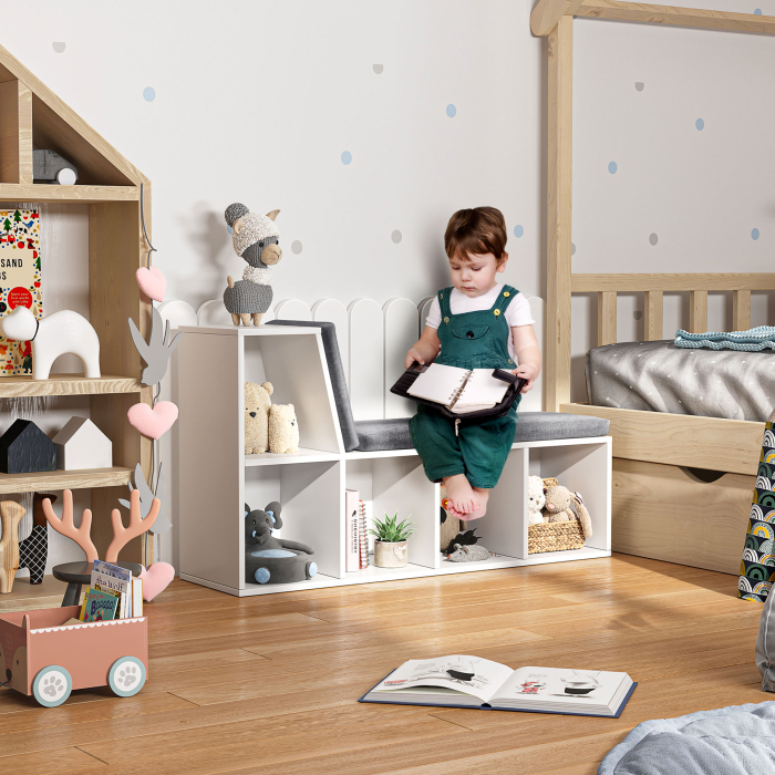  Biblioteca cu 5 Rafturi Deschise si 2 Perne, Mobilier Modern din Lemn, pentru Living, Dormitor si Birou, Gri Alb [8]