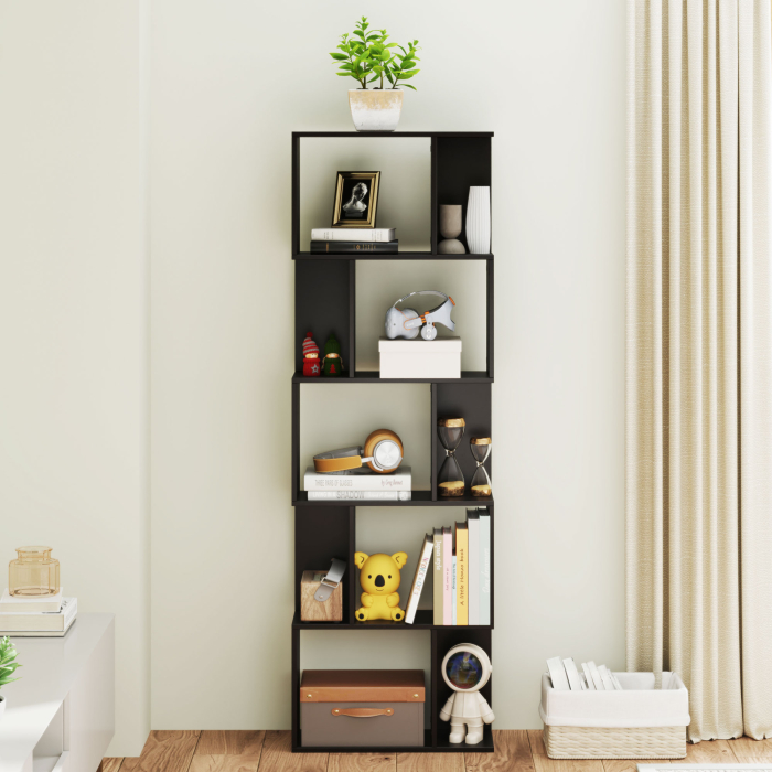  Biblioteca cu 5 Rafturi Divizate in Forma de S din Lemn, 60x24x184.5 cm, Negru [8]