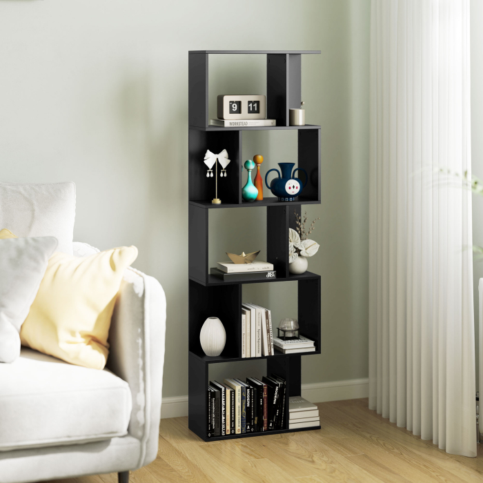  Biblioteca cu 5 Rafturi Divizate in Forma de S din Lemn, 60x24x184.5 cm, Negru [2]