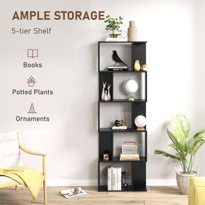  Biblioteca cu 5 Rafturi Divizate in Forma de S din Lemn, 60x24x184.5 cm, Negru [4]