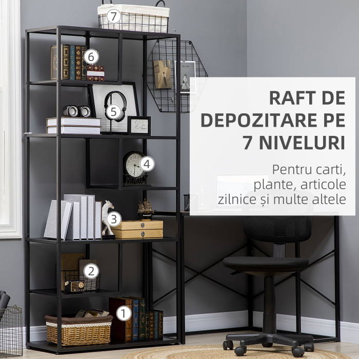  Biblioteca cu 7 nivele din PAL si otel pentru sufragerie, dormitor si birou, 83x34x180 cm, negru [4]