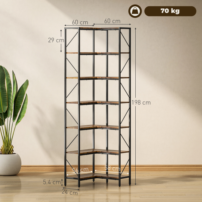  Biblioteca de Colt Industriala cu 7 Nivele, din Lemn si Otel, 60x60x198 cm, Maro Rustic [3]