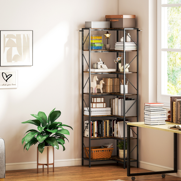  Biblioteca de Colt Industriala cu 7 Nivele, din Lemn si Otel, 60x60x198 cm, Maro Rustic [2]