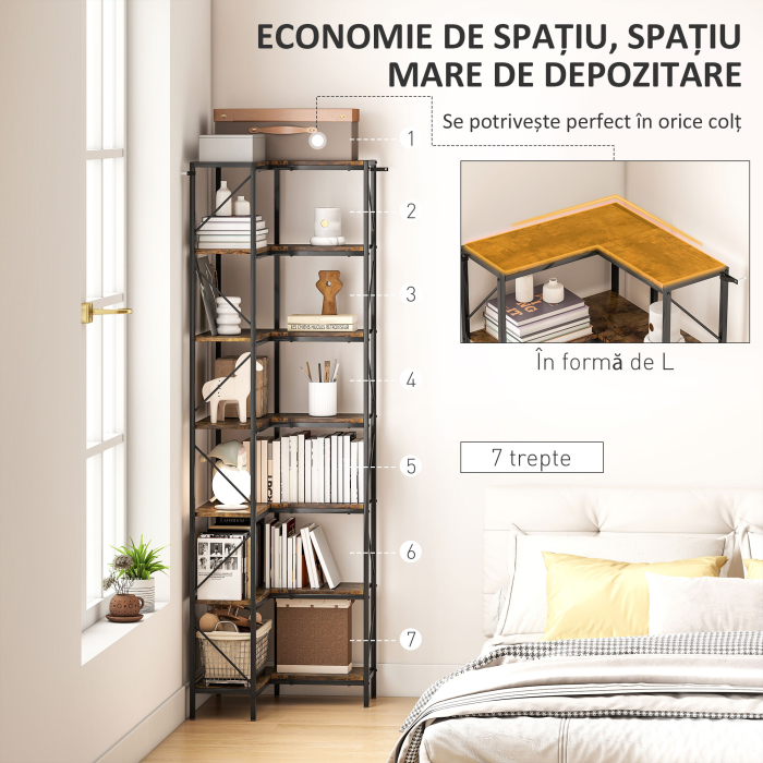  Biblioteca de Colt Industriala cu 7 Nivele, din Lemn si Otel, 60x60x198 cm, Maro Rustic [4]